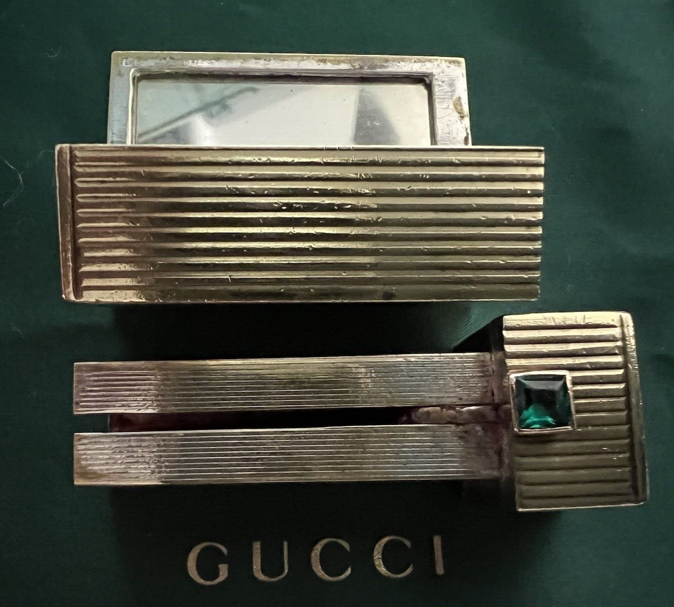 🔴 GUCCI gold laminated lipstick holder with EMERALD stone antique from 1930 RARE 