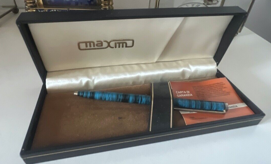 🔴 MAXIM penna sfera lacca a righe azzurre marmorizzate con astuccio vintage