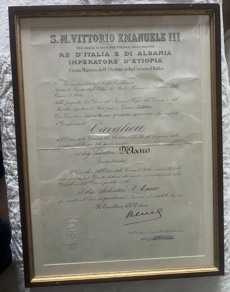 Cavaliere Certificat Vittorio Emanuele III Cadre D'Origine 27 Octobre 1940