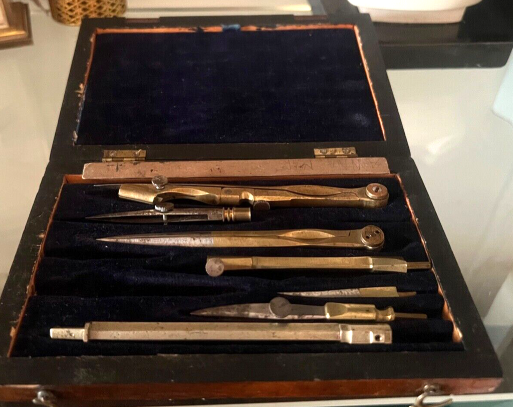 🔴 COMPASSO disegno tecnico OTTONE cerchio scatola legno naturale VINTAGE