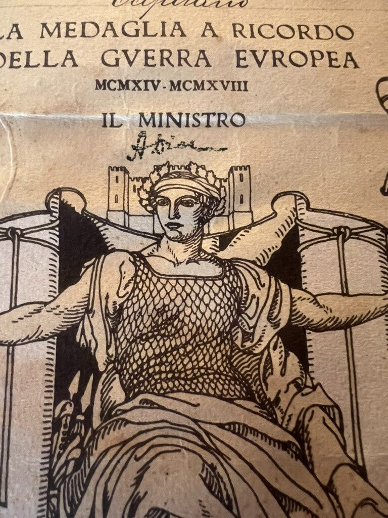 🔴 Attestato Regno d'Italia RICORDO GUERRA EUROPEA per medaglia ORIGINALE 1918