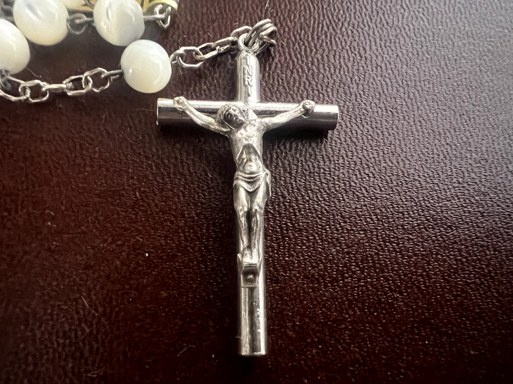 Collier Chapelet Madonna de Pompéi Maillechort Avec Trousse Effet Nacre
