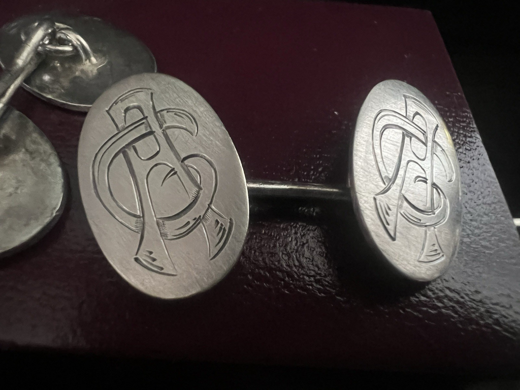 Men's Cufflinks Metal Engraved Ovals With Initials AC Intertwined Vintage 