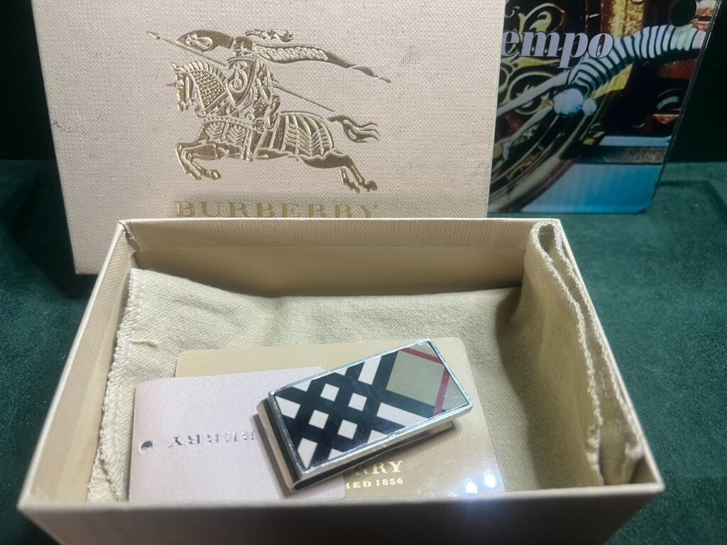 🔴 BURBERRY portafoglio fermasoldi ferma soldi acciaio tessera garanzia astuccio