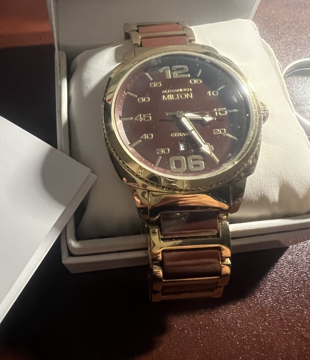 ALEXANDER MILTON Montre Hommes Plaqué Or Céramique Quartz 3 Atm NOS 