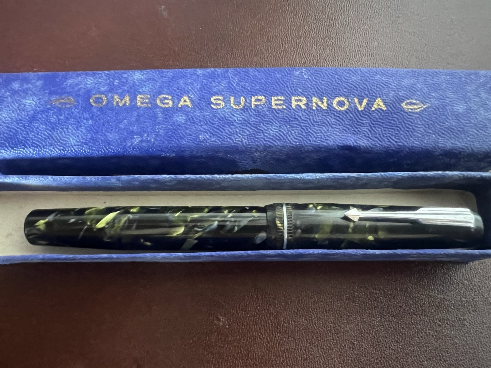 Omega Stift Füllfederhalter Zelluloid Grün a. V.M A Hebel Schreibt Vintage