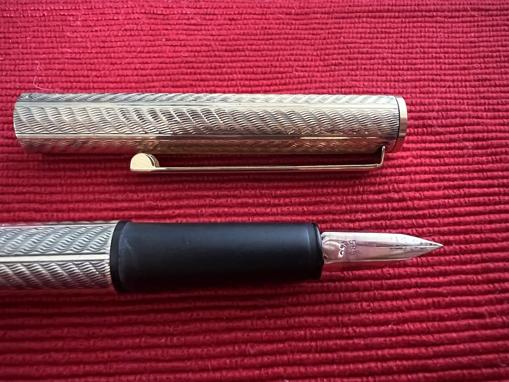 🔴 NOREX penna stilografica ARGENTO MASSICCIO 925 cesellato pennino ORO 14 KT
