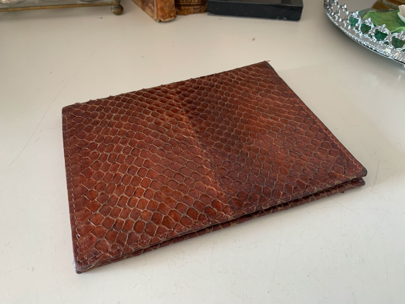 🔴 Portafoglio artigianale,porta assegni anche CASSETTO pelle serpente vintage