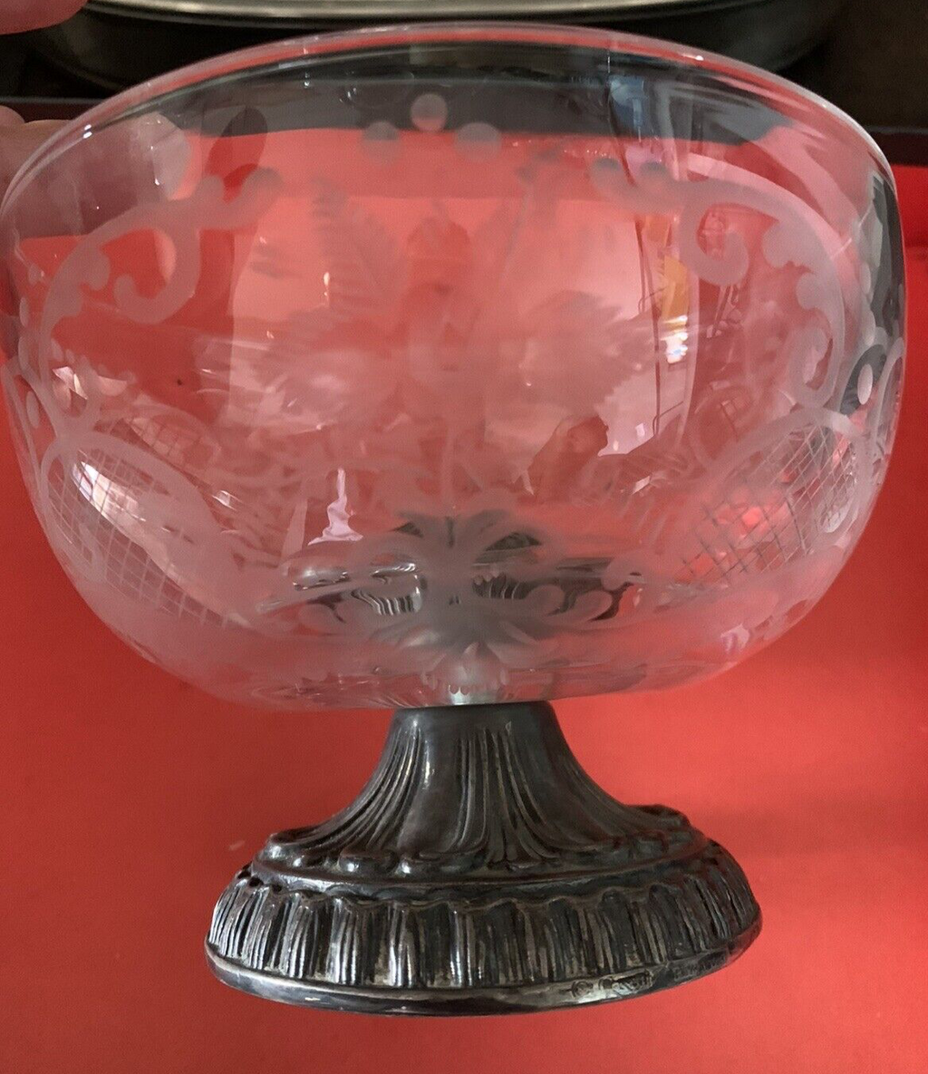 🔴 Bonboniere aus 800er Silber, handgraviertes Glas, ziseliert, Höhe 9,6 cm, Durchmesser 13 cm 