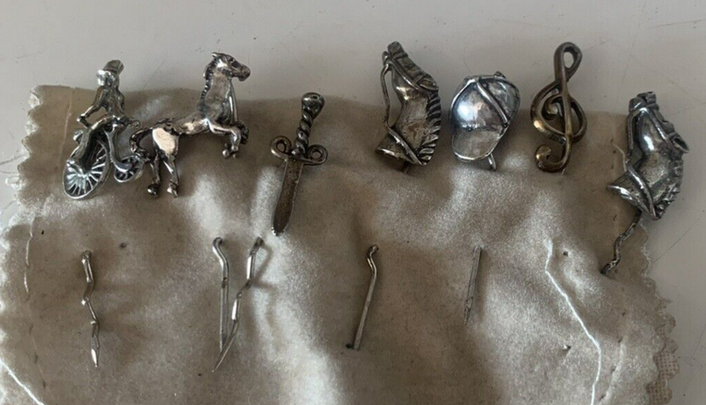 🔴 Spille cravatta ARGENTO 925 foulard cavallo spada fantino berretto 7 PEZZI