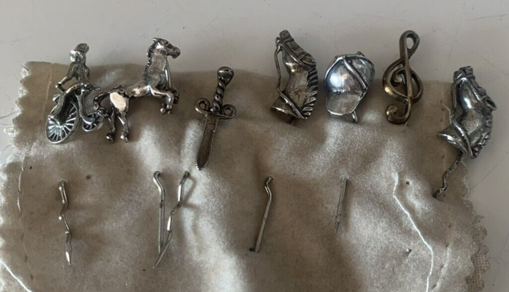 🔴 Spille cravatta ARGENTO 925 foulard cavallo spada fantino berretto 7 PEZZI