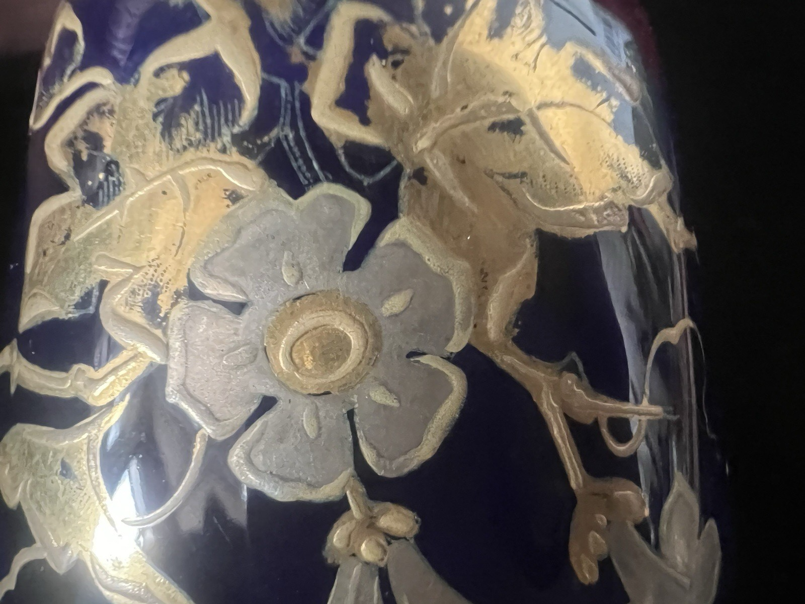 Blue Ceramic Desk Inkwell With Painted Gold Filigree