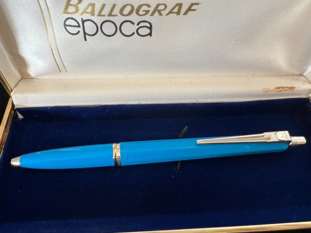 🔴 BALLOGRAF penna sfera EPOCA pulsante scatto azzurra cromata vintage 9