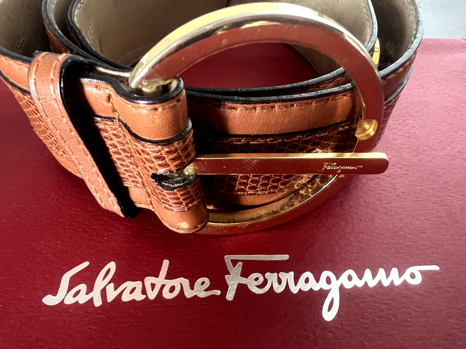 🔴 SALVATORE FERRAGAMO donna cinta cintura marrone ganci dorati con segni L 87