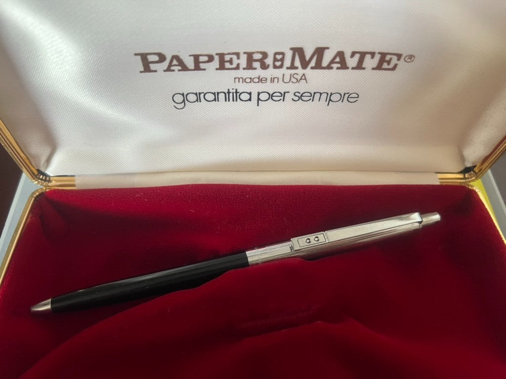 🔴 PAPERMATE penna sfera nera cromata a scatto con astuccio vintage