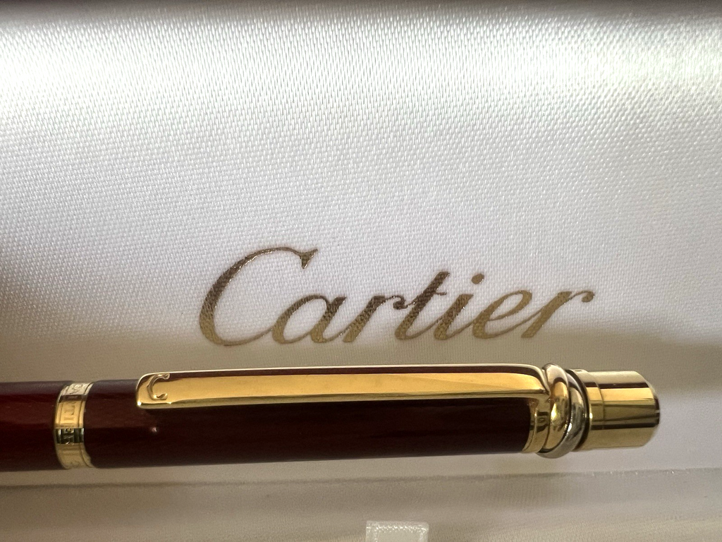 🔴 CARTIER penna sfera Trinity Vendome bordeaux placcata oro scrive con astuccio