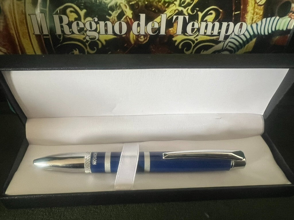 Ronson Stylo-Plume Sphère Laque Bleu Cobalt Profils Chrome Écrit