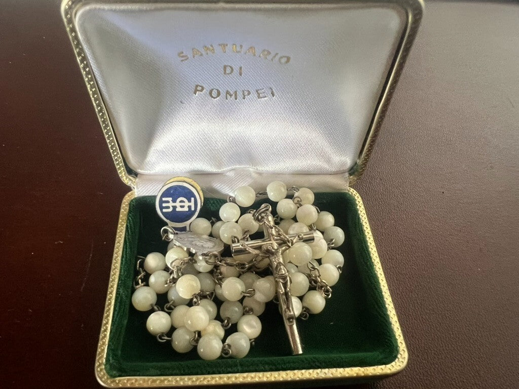 🔴 MADONNA DI POMPEII alpaca rosary necklace with mother-of-pearl effect case 