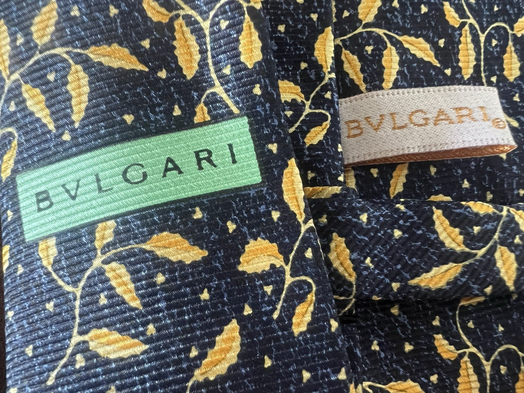 🔴 BULGARI cravatta uomo DAVIDE PIZZIGONI blu foglie gialle pura seta vintage