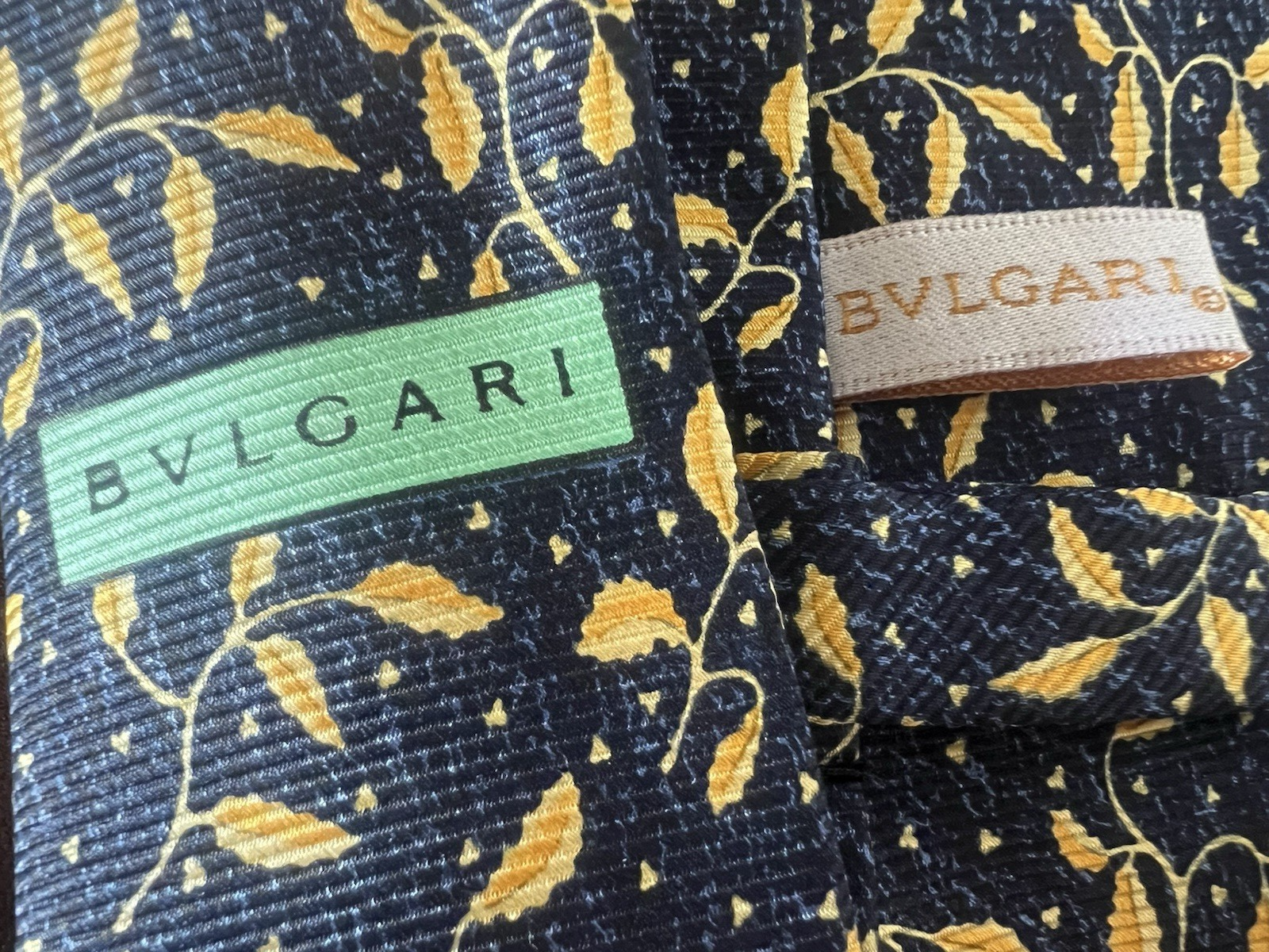 🔴 BULGARI cravatta uomo DAVIDE PIZZIGONI blu foglie gialle pura seta vintage
