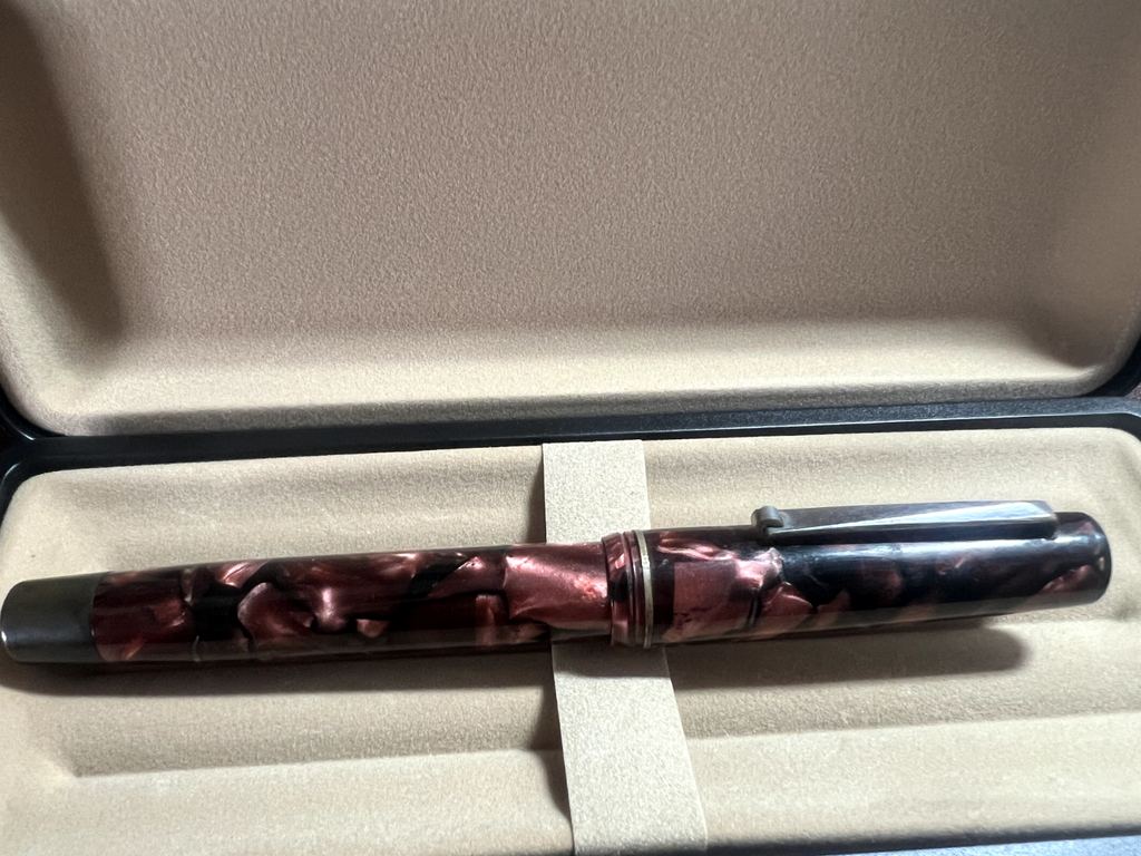 🔴 Penna stilografica celluloide rossa a pulsante pennino ORO scrive vintage