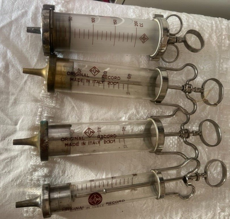 Irrigation Surgical RECORD Syringe Medical Glass Metal Lot 4 Pieces Vintage
