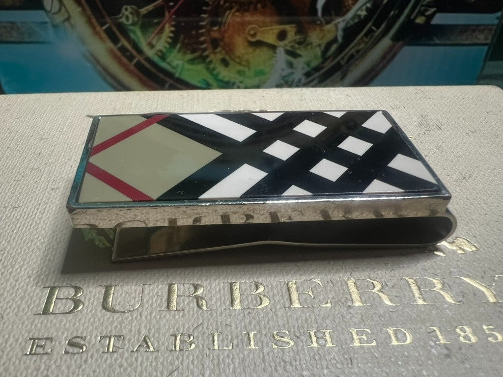 🔴 BURBERRY portafoglio fermasoldi ferma soldi acciaio tessera garanzia astuccio