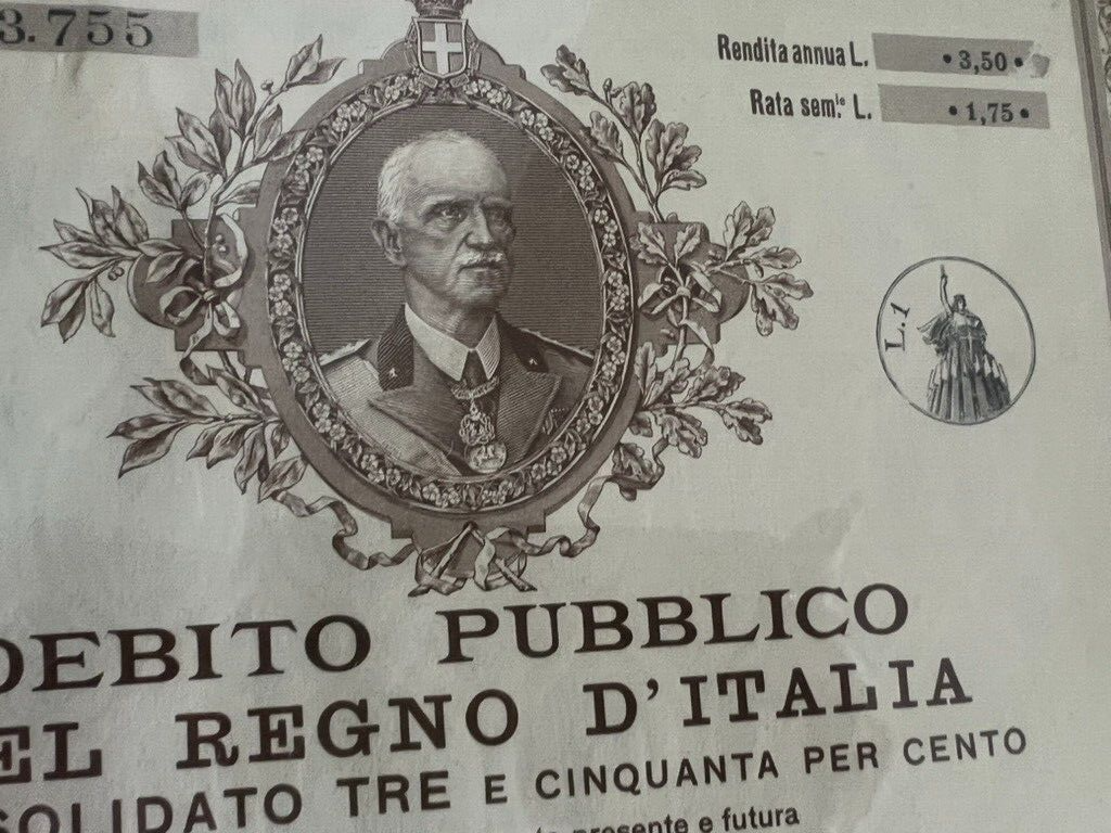Regno Italie Paypal Publique Rendita Annua Roma 1943 Cadre D'Origine