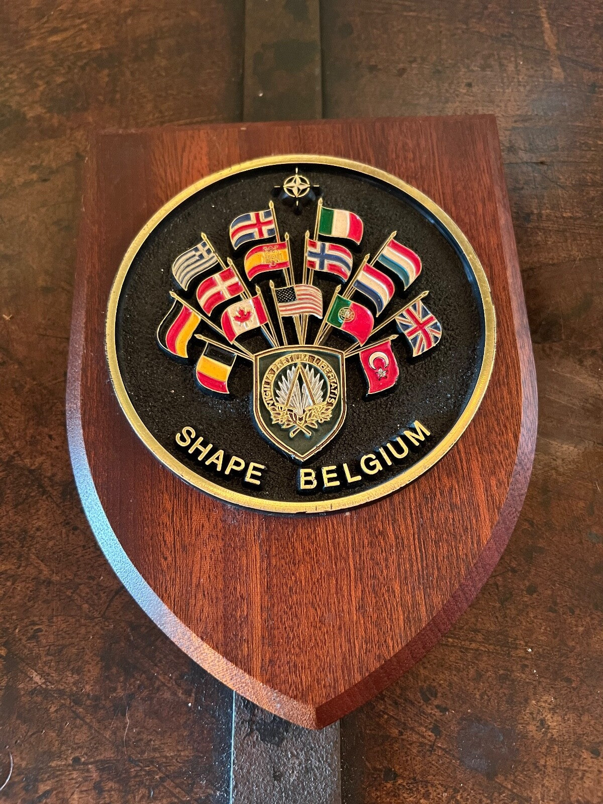 🔴 Wappen NATO-MITGLIEDSCHAFT UNGARN Form Belgischer Schild Holz Original Vintage 
