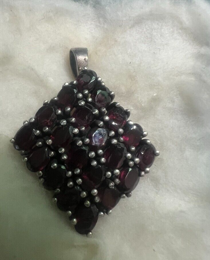 🔴 Ciondolo donna ARGENTO 925 grande rombo di granati naturali ovali vintage