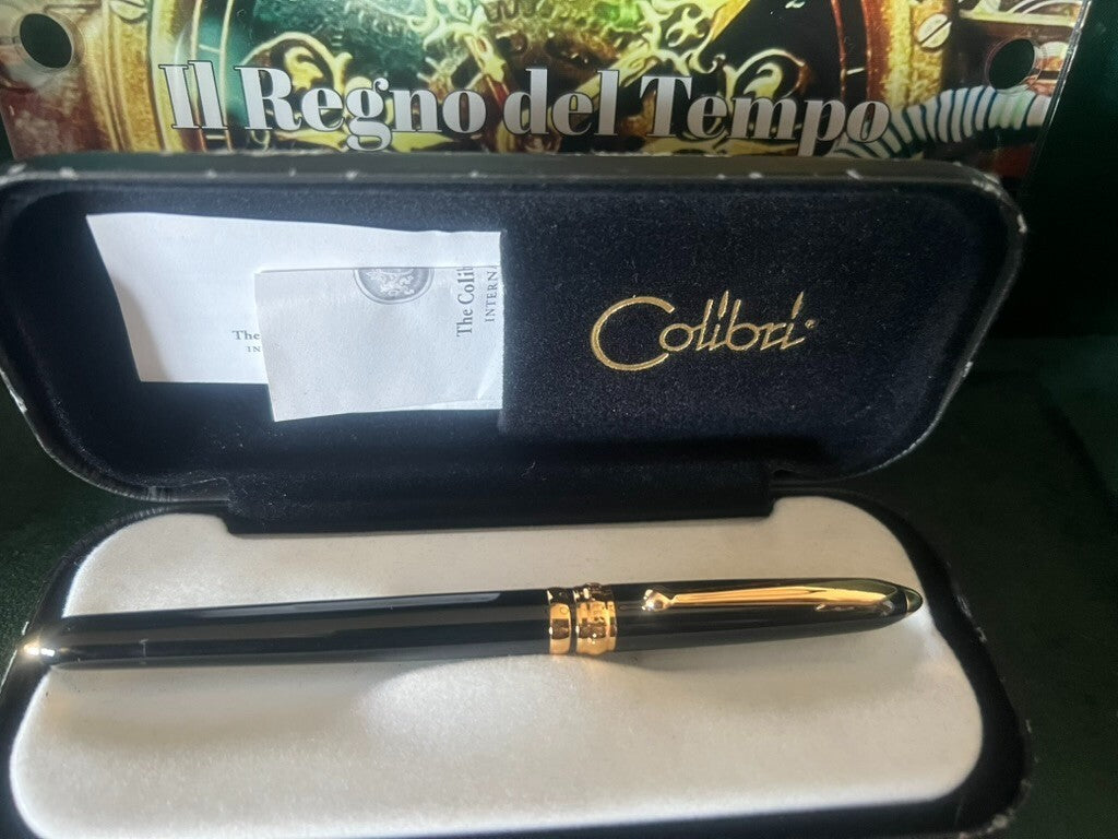 🔴 COLIBRI' penna stilografica lacca nera profili dorati pennino M con converter