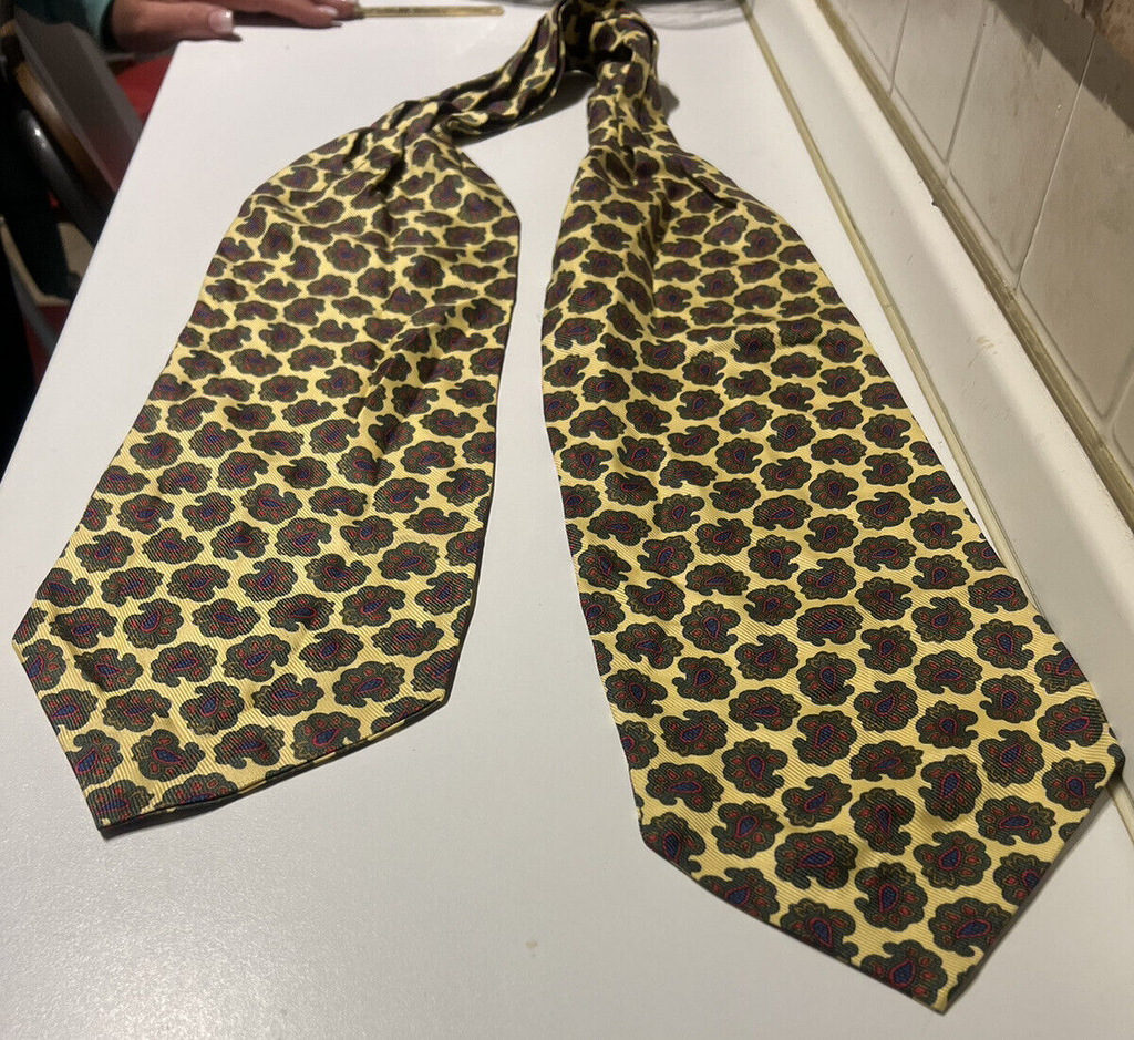 🔴 DUPONT Foulard cravatta uomo seta pura giallo oro con decori rara