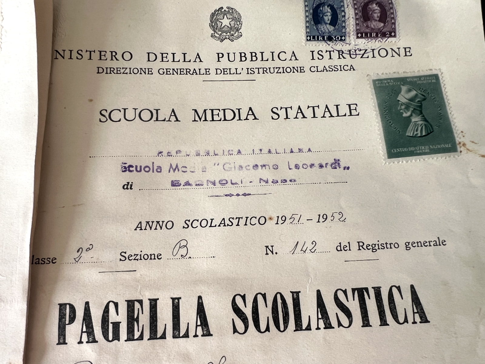 🔴 Pagelle SCUOLA MEDIA E LICEO CLASSICO GINNASIO timbri firme francobolli 5 z