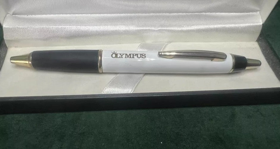 🔴 OLYMPUS penna sfera lacca bianca nera meccanismo a scatto scrive vintage