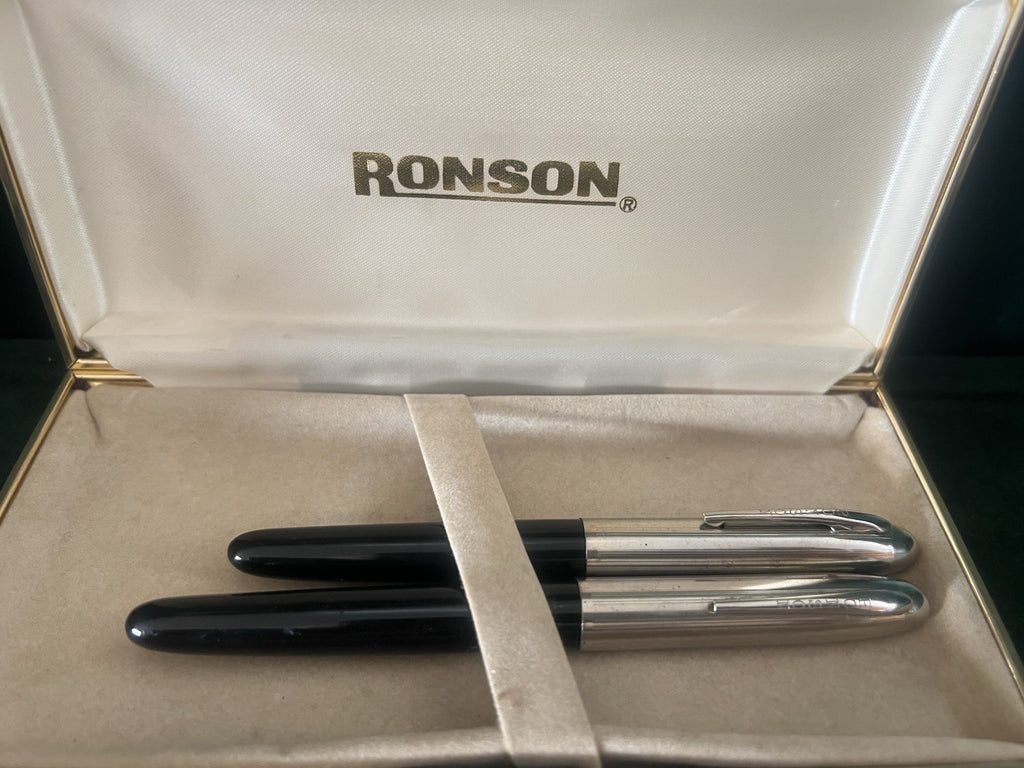 🔴 RONSON penna STILOGRAFICA sacca a pressione SFERA cappucci dorati vintage 50