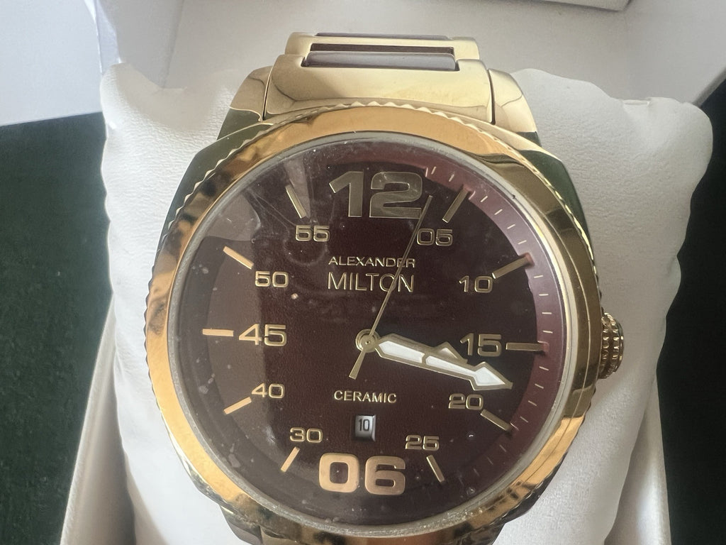 ALEXANDER MILTON Montre Hommes Plaqué Or Céramique Quartz 3 Atm NOS 