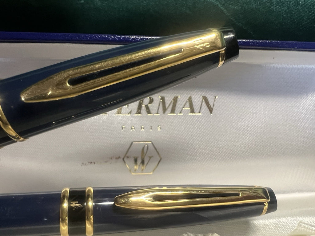 🔴 WATERMAN penna stilografica Emisphere pennino F e sfera resina blu scrivono
