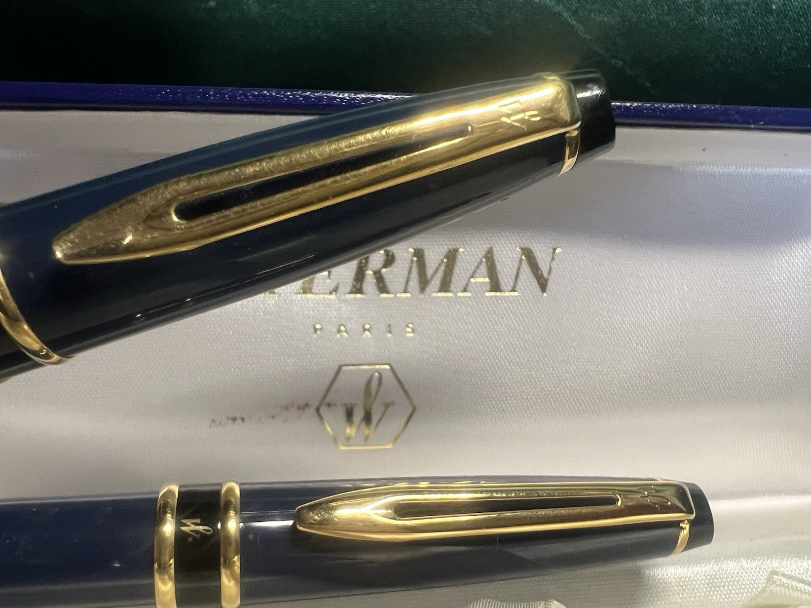 🔴 WATERMAN penna stilografica Emisphere pennino F e sfera resina blu scrivono