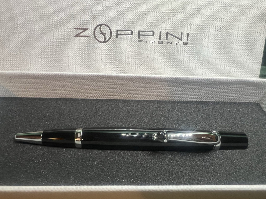 Zoppini Pen Sphere Lacquer Black Trim Chrome With Stone Heart Pencil Case