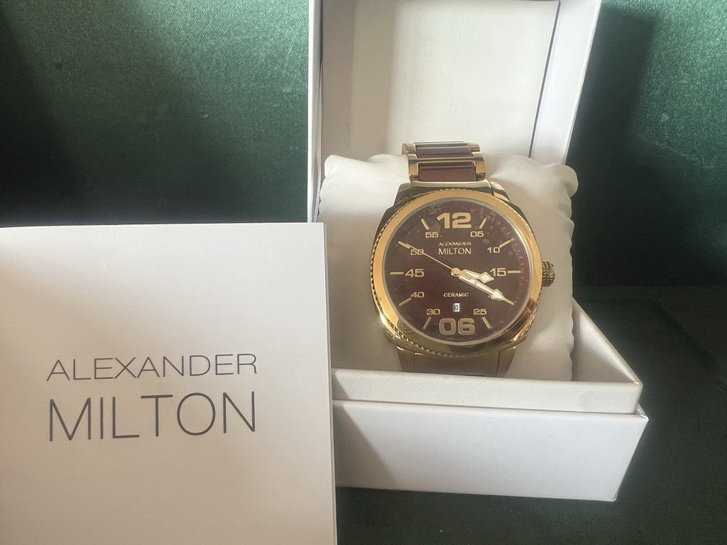 ALEXANDER MILTON Montre Hommes Plaqué Or Céramique Quartz 3 Atm NOS 
