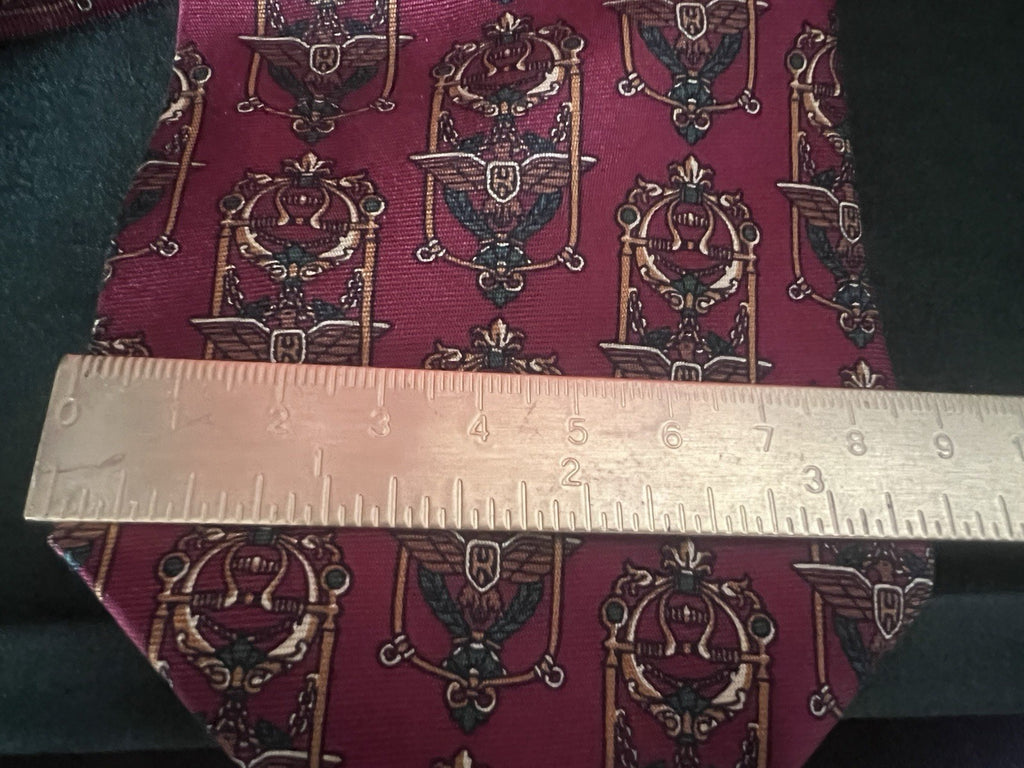 Salvatore Ferragamo Tie Silk Red Pattern Badges Golden Vintage