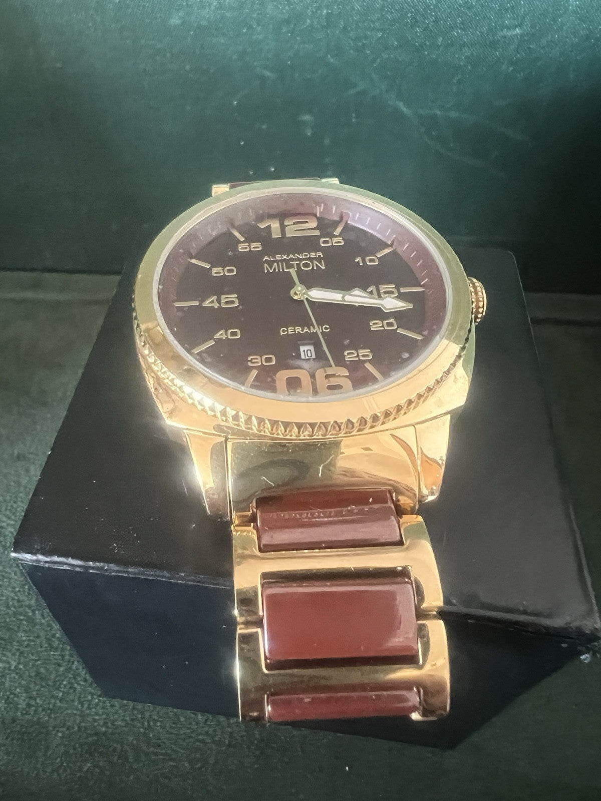ALEXANDER MILTON Montre Hommes Plaqué Or Céramique Quartz 3 Atm NOS 