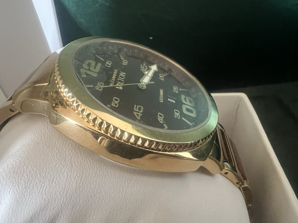 🔴 ALEXANDER MILTON orologio uomo placcato oro ceramica quarzo 3 ATM NOS