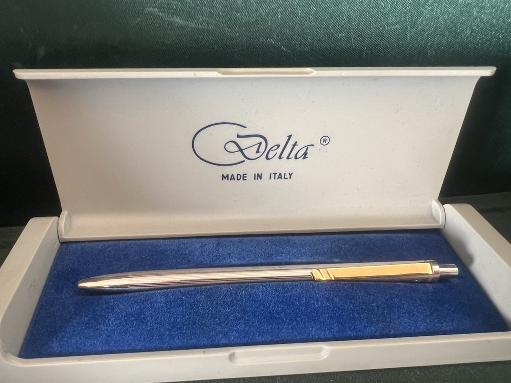 🔴 DELTA penna sfera cromata con profili dorati scrive con astuccio vintage