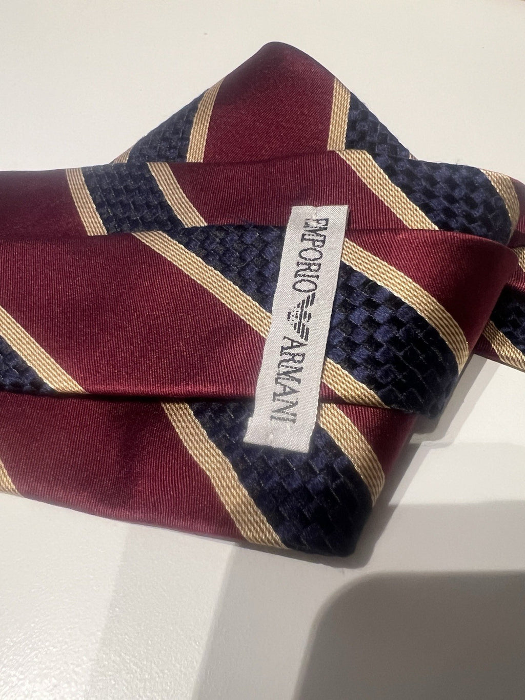 EMPORIO ARMANI Men's Tie Pure Silk Blue Bordeaux Stripes