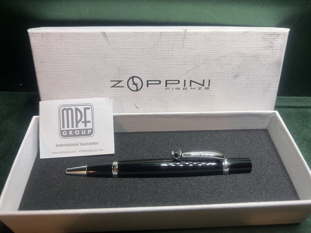 🔴 ZOPPINI penna sfera lacca nera profili cromati con pietra CUORE astuccio