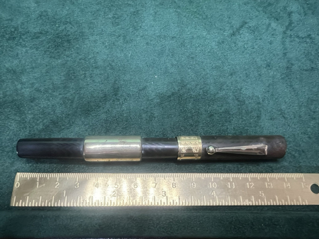 🔴 Penna stilografica ebanite cesellata a leva pennino e bordo ORO 14K vintage