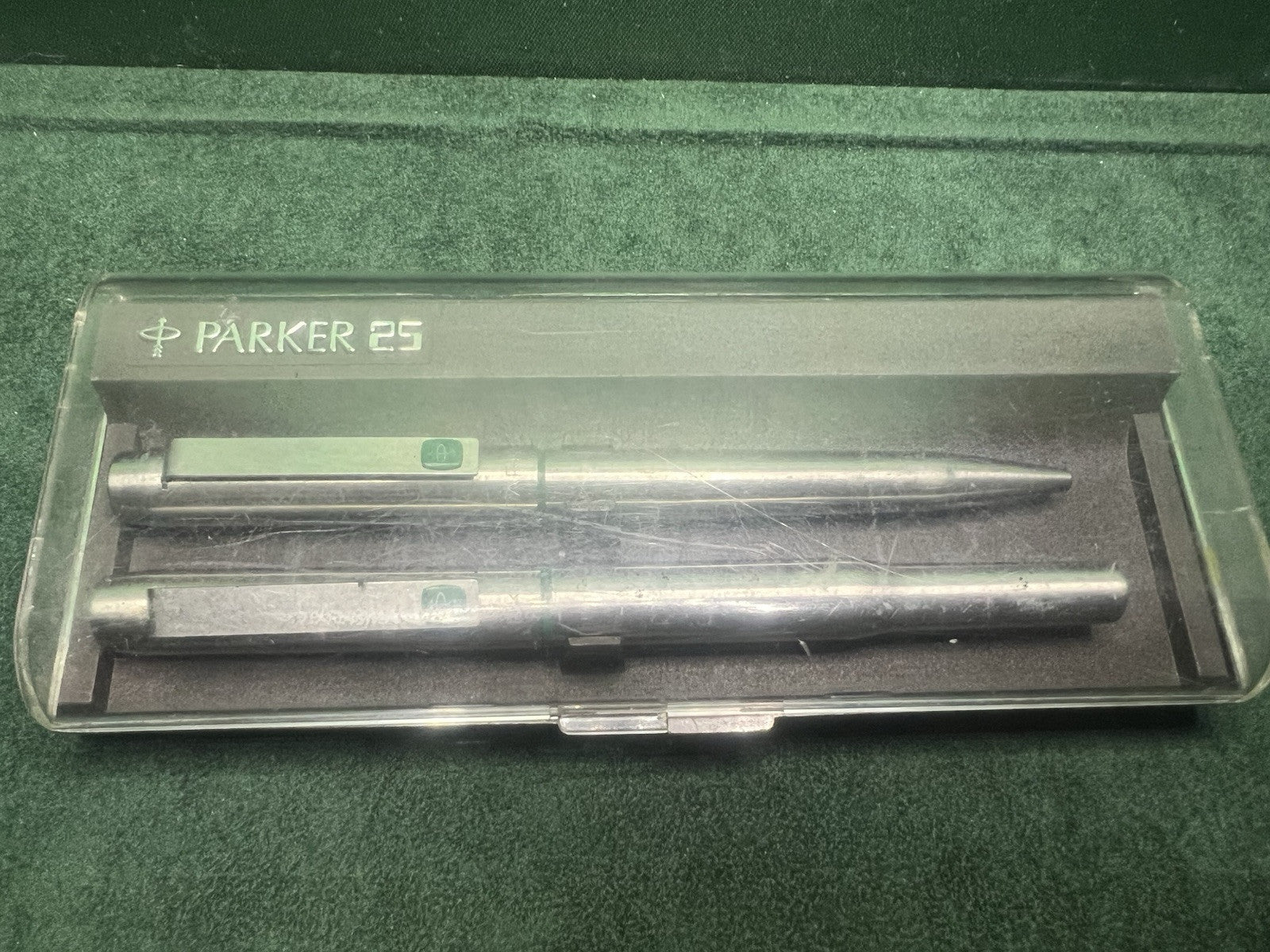 🔴 PARKER fountain pen 25 MKI GREEN clip and ballpoint set write vintage RARE 