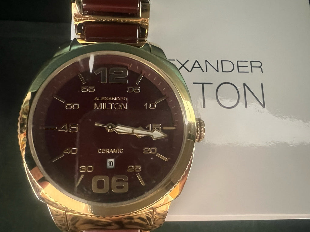 🔴 ALEXANDER MILTON orologio uomo placcato oro ceramica quarzo 3 ATM NOS