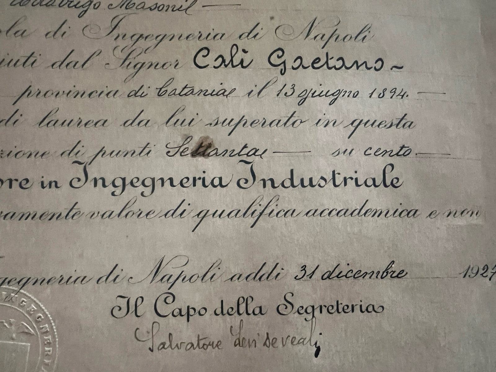 Regno Italie Diplôme Universitaire Ingénierie Vittorio Emanuele III 1924